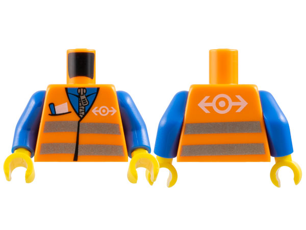 Torso Safety Vest with Silver Reflective Stripes, Pocket with Pencil and Paper, and White Train Logo over Blue Shirt with Zipper Pattern / Blue Arms / Yellow Hands