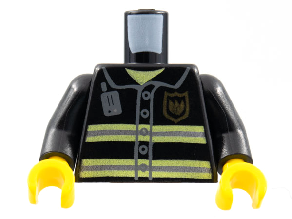 Torso Fire Uniform Gold Badge, Silver Reflective Stripes, Dark Bluish Gray Radio Pattern / Black Arms / Yellow Hands