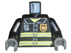 Torso Fire Uniform Gold Badge, Silver Reflective Stripes, Dark Bluish Gray Radio Pattern / Black Arms / Dark Bluish Gray Hands