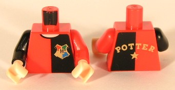 Torso Shirt with Black Left Half, Hogwarts Emblem, and Gold 'POTTER' and Star on Back, Light Nougat Neck Pattern / Red Arm Left / Black Arm Right / Light Nougat Hands