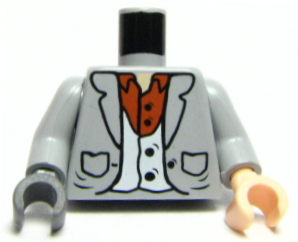 Torso Suit Jacket Open with Lapels and Pockets over White Vest with Black Buttons and Dark Orange Shirt, Light Nougat Neck Pattern / Light Bluish Gray Arms / Light Nougat Hand Left / Dark Bluish Gray Hand Right