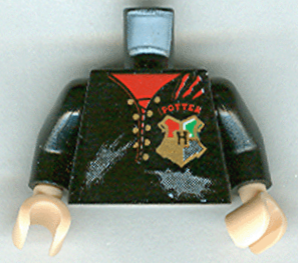 Torso Shirt Tattered with Gold Eyelets, Hogwarts Emblem, Scratches, and 'POTTER' and Star on Back over Red Undershirt Pattern / Black Arms / Light Nougat Hands