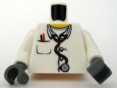 Torso Hospital Lab Coat, Open Collar, Stethoscope, Pocket Pen, and Thermometer Pattern / White Arms / Dark Bluish Gray Hands