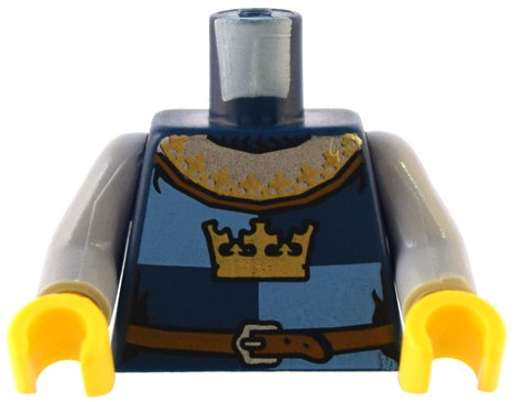 Torso Castle Fantasy Era Gold Crown and Reddish Brown Belt with Silver Buckle on Medium Blue and Dark Blue Quarters Pattern / Light Bluish Gray Arms / Yellow Hands