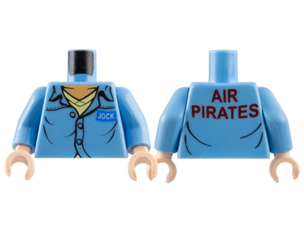 Torso Button Up Shirt with Open Collar, White 'JOCK' on Blue Name Badge, and Dark Red 'AIR PIRATES' on Back over Bright Light Yellow V-Neck, Light Nougat Neck Pattern / Medium Blue Arms / Light Nougat Hands
