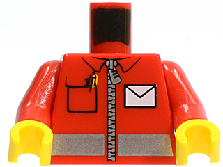 Torso Jacket with Silver Reflective Stripe and Zipper, Pen in Pocket, and White Envelope Pattern / Red Arms / Yellow Hands
