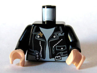 Torso Leather Jacket Open with Pocket, Zippers, Strap with Silver Buckle, and Script 'Mutt' over Light Bluish Gray Shirt Pattern / Black Arms / Light Nougat Hands