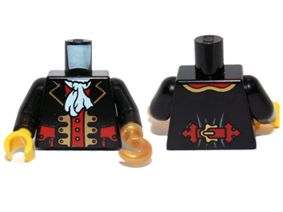 Torso Pirate Captain Jacket Open with Gold Trim and Red Pockets over Red Shirt, White Ascot Pattern / Black Arms / Pearl Gold Hook Left / Yellow Hand Right