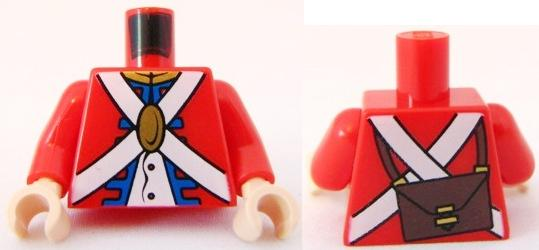 Torso Imperial Soldier Uniform Jacket with Blue and Gold Trim over White Shirt with Buttons, Crossbelts with Oval Clasp, Dark Brown Ammo Pouch on Back Pattern (Redcoat) / Red Arms / Light Nougat Hands