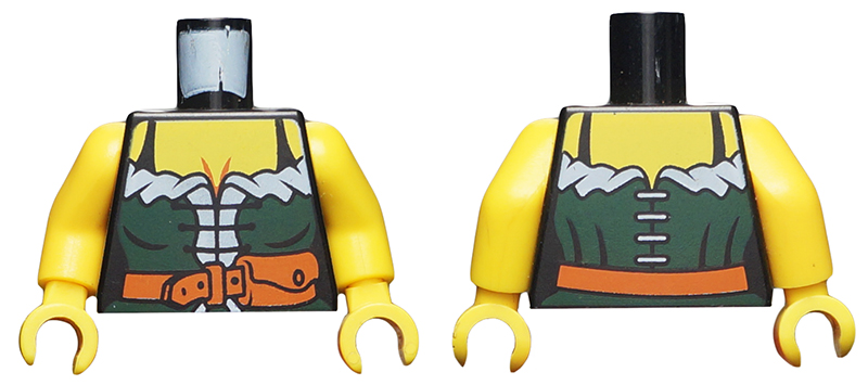 Torso Female Pirate Dark Green Corset with White Trim, Dark Orange Belt with Pouch, Yellow Chest Pattern / Yellow Arms / Yellow Hands