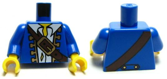 Torso Pirate Jacket Open with Gold Trim over Torn White Shirt, Dark Brown Diagonal Belt with Buckle, Yellow Neck Pattern / Blue Arms / Yellow Hands