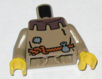 Torso Castle Fantasy Era Peasant Shirt with Dark Brown Collar and Dark Bluish Gray Patch, Dark Orange Rope Belt with Pouch Pattern / Dark Tan Arms / Yellow Hands