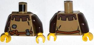 Torso Castle Fantasy Era Peasant Shirt with Dark Brown Collar and Dark Bluish Gray Patch, Dark Orange Rope Belt with Pouch Pattern / Dark Brown Arms / Yellow Hands