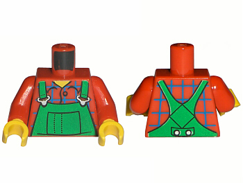 Torso Overalls Green (Farmer), Blue Windowpane Check Shirt - Printed Back Pattern / Red Arms / Yellow Hands