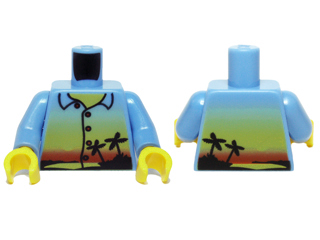 Torso Shirt with Sunset and Palm Trees, Red Buttons and Back Print Pattern / Medium Blue Arms / Yellow Hands
