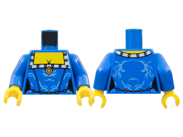 Torso Female Dress with Medium Blue Decorations and White Squared Collar with Gold Dots, Diamond Brooch, Yellow Chest Pattern / Blue Arms / Yellow Hands