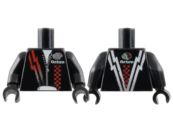 Torso Leather Jacket with Silver Zipper, Red Lightning Bolt and Checkered Stripes, and Faded Octan Logo Pattern / Black Arms / Black Hands