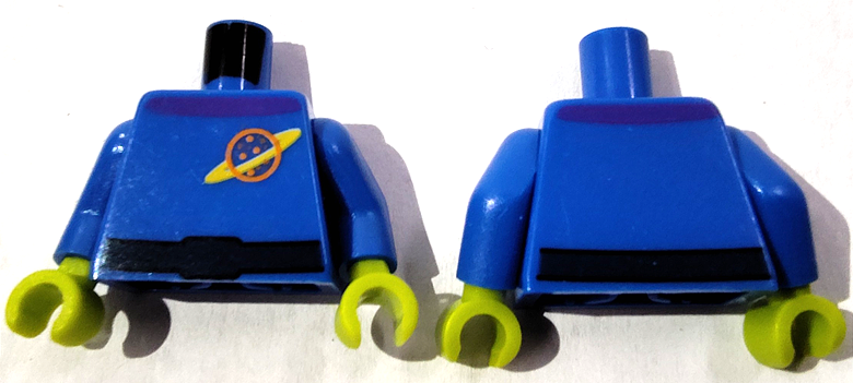 Torso Space Uniform with Orange and Yellow Ringed Planet Logo, Dark Blue Belt, Dark Purple Collar Pattern / Blue Arms / Lime Hands