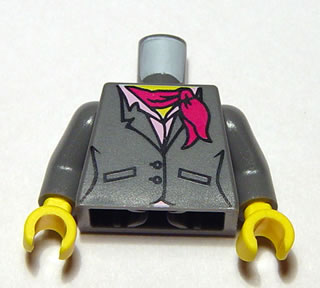 Torso Female Suit Jacket with Buttons and Pockets over Bright Pink Shirt with Collar, Magenta Scarf, Yellow Neck Pattern / Dark Bluish Gray Arms / Yellow Hands