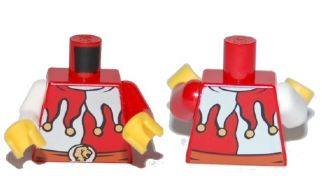 Torso Jester Costume with White Panels and Gold Bells, Dark Orange Belt with Silver Buckle with Lion Head Pattern / Red Arm Left / White Arm Right / Yellow Hands