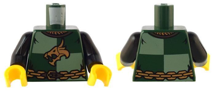 Torso Castle Kingdoms Gold Dragon Head and Chain Belt on Sand Green and Dark Green Quarters Pattern / Black Arms / Yellow Hands