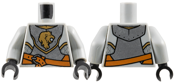 Torso Castle Kingdoms Armor Breastplate with Gold Lion Head, Belt Front and Back Pattern / Light Bluish Gray Arms / Dark Bluish Gray Hands