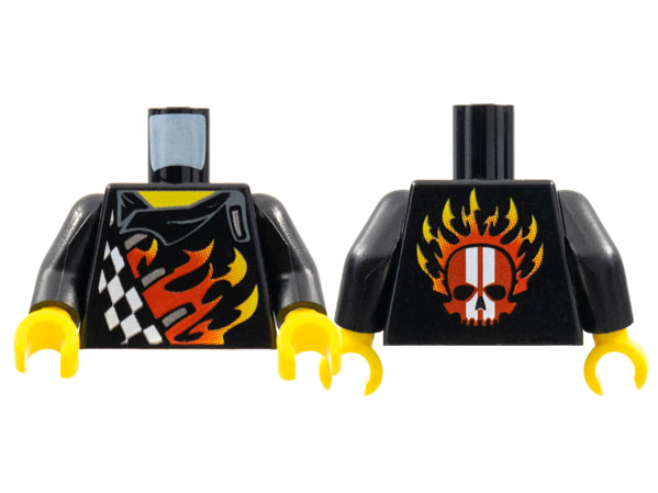 Torso World Racers - Checkered Pattern with Flames on Front, Flames and Red Skull with White Stripes on Back / Black Arms / Yellow Hands
