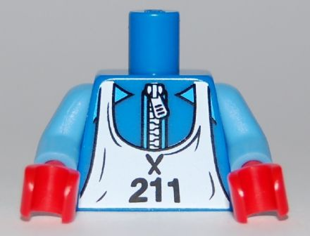 Torso White Zipper and Ski Bib with '211' Pattern / Medium Blue Arms / Red Hands
