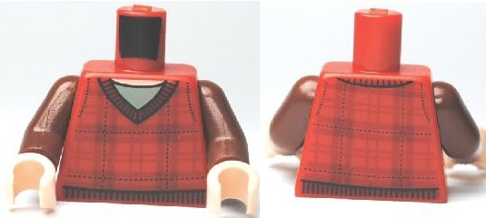 Torso Plaid Sweater with V-Neck Collar and Dark Red Lines over Light Bluish Gray Shirt, Light Nougat Neck Pattern / Reddish Brown Arms / Light Nougat Hands