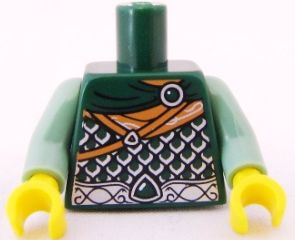 Torso Silver Scale Mail Armor, Cape, Medium Nougat Straps and Scarf, Thick Belt with Jewel and Filigree Pattern / Sand Green Arms / Yellow Hands