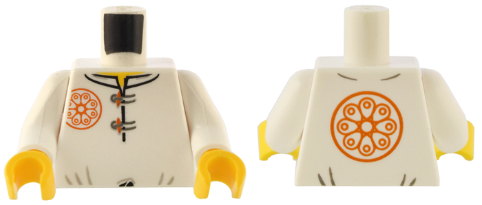 Torso Ninjago Dark Orange Flower Medallion and Gray Toggle Buttons Pattern / White Arms / Yellow Hands