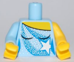 Torso Female Ice Skating Costume with Blue Stripes and Silver Star, Dots and Sparkles, Yellow Neck Pattern / Yellow Arm Left / Bright Light Blue Arm Right / Yellow Hands