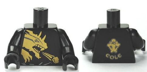 Torso Ninjago Gold Dragon Front and Gold Lion and 'COLE' Back Pattern / Black Arms / Black Hands