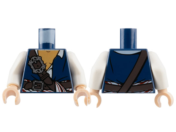 Torso PotC Vest Open over Shirt with Collar, Dark Brown Belt and Strap with Silver Buckles, Red and White Sash Pattern / White Arms / Light Nougat Hands