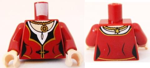 Torso Female Dress with Black Collar and Gold Trim over White Shirt, Medallion Pendant Necklace, Light Nougat Neck Pattern / Dark Red Arms / Light Nougat Hands