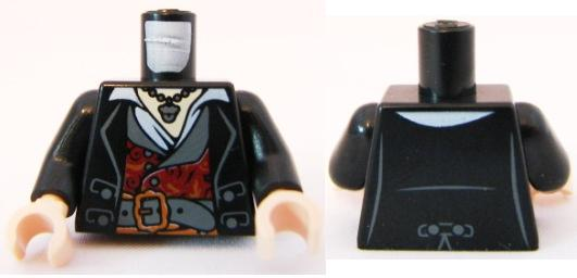 Torso PotC Topcoat with Red and Gold Vest and Dark Bluish Gray Belt Pattern / Black Arms / Light Nougat Hands