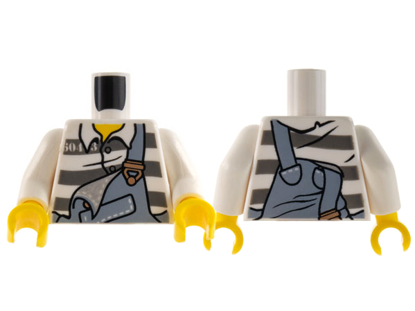 Torso Sand Blue Overalls with Copper Buckles over Prison Uniform Shirt with Buttons and Dark Bluish Gray Stripes, Yellow Neck Pattern / White Arms / Yellow Hands