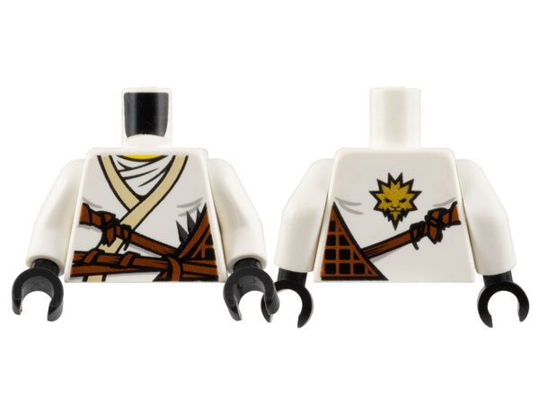 Torso Ninjago Brown Rope and White Undershirt, Gold Lion on Back Pattern / White Arms / Black Hands