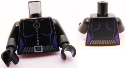 Torso Batman Dark Purple Female Outline, Silver Ring Zipper Pull, Dark Bluish Gray Belt with Buckle Pattern / Black Arms / Black Hands