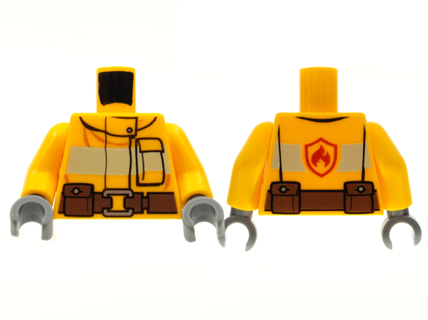 Torso Fire Suit with Stripe and Brown Utility Belt and Fire Logo on Back Pattern / Bright Light Orange Arms / Dark Bluish Gray Hands