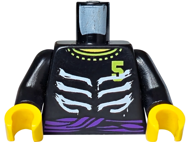 Torso Ninjago Skeleton Ribs White, Purple Waist Sash and Number 5 Pattern / Black Arms / Yellow Hands