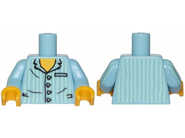 Torso Pajamas Shirt with Buttons, Pocket, and Vertical Light Aqua Stripes, Yellow Neck Pattern / Bright Light Blue Arms with Light Aqua Stripes Pattern / Yellow Hands