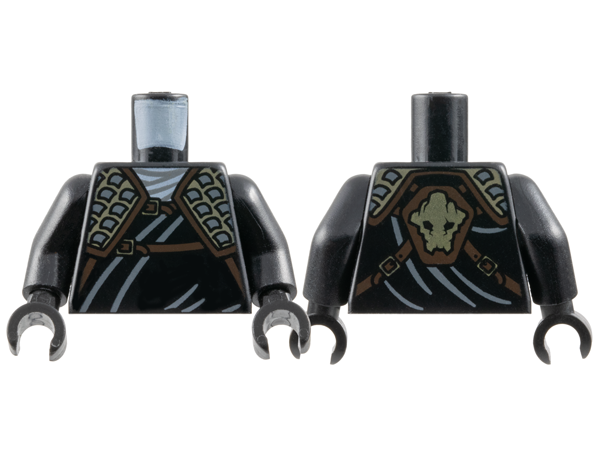 Torso Wrap with Dark Tan and Dark Bluish Gray Shoulder Armor, Dark Brown Straps with Gold Buckles, Ninjago Earth Gorilla Head Symbol on Back Pattern / Black Arms / Black Hands