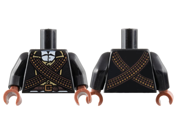 Torso Jacket Open with Dark Tan Trim over Vest with Buttons and White Shirt, Dark Brown Belt with Copper Buckle, Crossed Ammo Belts with Bullets Pattern / Black Arms / Reddish Brown Hands