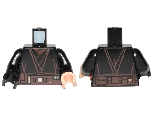 Torso SW Jedi Robe, Dark Brown Belt with Pouches, Silver Buckle, Reddish Brown Shirt Pattern / Black Arms / Light Nougat Hand Left / Black Hand Right
