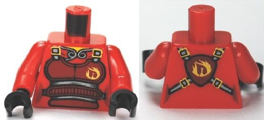 Torso Ninjago Brown Armor with Belts and Flames Pattern / Red Arms / Black Hands