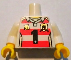 Torso Rugby Uniform Shirt with Red Stripes, Black Number 1, Gold 2 x 2 Brick Logo, Shield Emblem, Shoulders and Side Panels, Yellow Neck Pattern / White Arms / Yellow Hands
