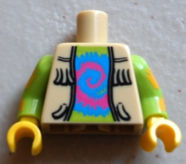 Torso Vest Open with Fringe over Lime Shirt with Dark Pink and Medium Blue Tie-Dyed Swirl Pattern / Lime Arms with Bright Light Orange Tie-Dyed Stripes Pattern / Yellow Hands