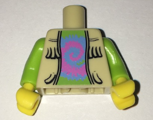 Torso Vest Open with Fringe over Lime Shirt with Dark Pink and Medium Blue Tie-Dyed Swirl Pattern / Lime Arms / Yellow Hands