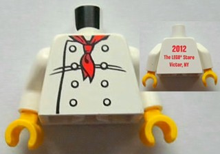 Torso Chef with 8 Buttons, Long Red Neckerchief Front, 2012 The LEGO Store Victor, NY Back Pattern / White Arms / Yellow Hands